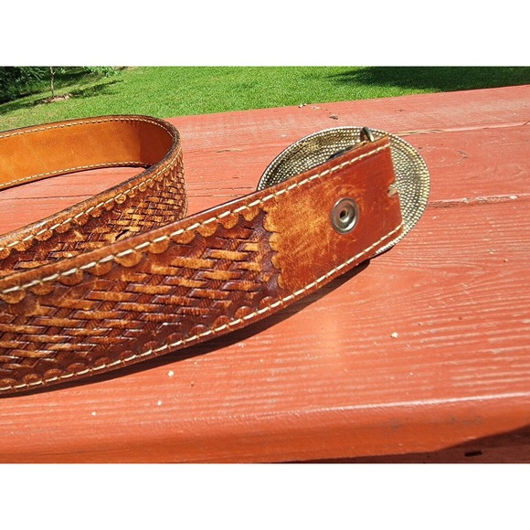 Vintage Kirkpatrick Brown Basket Weave Leather Belt Size 34, Buckle, Shooting - Picture 5 of 12